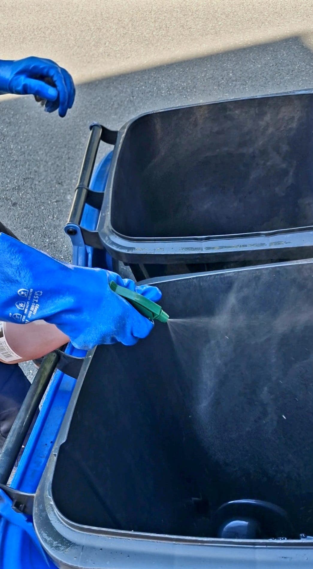 Desinfektion einer Mülltonne vor Ort mit Schutzhandschuhen